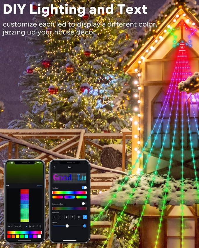 Outdoor Christmas Decorations Lights with Star, Smart DIY Custom Display 11.8Ft 64 Modes Yard Waterfall Tree String Lights, App Control 344LED RGB Color Changing Music Timer for Xmas Tree Lawn Decor