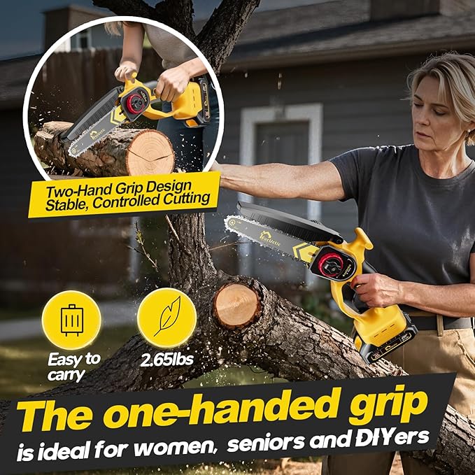 Mini Chainsaw 6 Inch Cordless, Brushless Small Chainsaw Battery Powered with 2 Batteries, Handheld Chain saw for Tree Trimming, Wood Cutting, Home Garden DIY, Best Gifts for Dad, Women