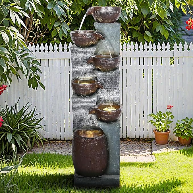 53.5in High Outdoor Indoor Water Fountain, 6-Tiered Poly-Resin Waterfall Fountain with LED Lights, Decorative Floor Standing Fountain for Garden, Patio, Yard, Home Decor