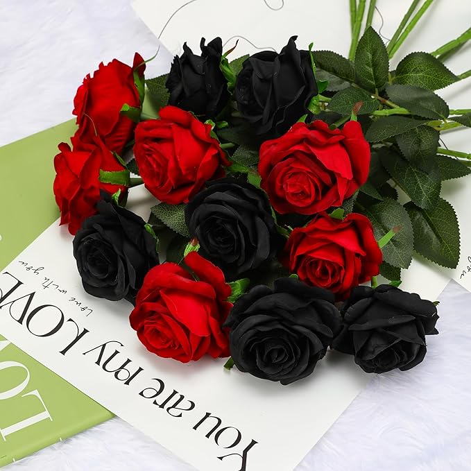 Red Fake Roses Artificial Flowers - 10 Pcs Fake Artificial Roses Silk Flowers with Stems for Home Wedding Hotel Office Centerpiece Decor