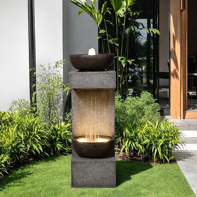 33.9" Waterfall Fountain Outdoor with LED Lights – Modern Rain Curtain Resin Garden Waterfall and Fountains, Bowl Design Outdoor Water Feature for Patio, Porch, Backyard, Lawn & Home Decor