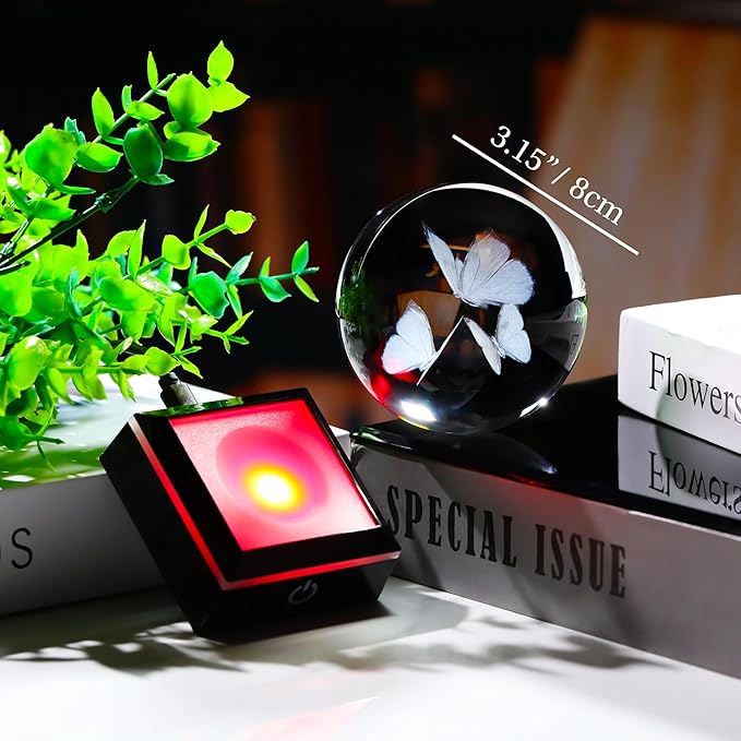 Qianwei Butterfly Gifts for Women 3D Crystal Ball 3.14'' - 80mm Laser Decor Glass Animals Figurines Statue for Room Decorations Night Light