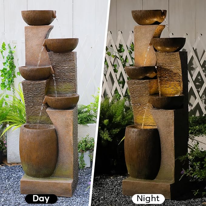 51.4" H Large Water Fountain Outdoor&Indoor, 5-Tiers Cascading Modern Feature Crocks Garden Fountains and Waterfalls with Warm Lights for Porch, Deck, Patio, Home Décor (Brown)
