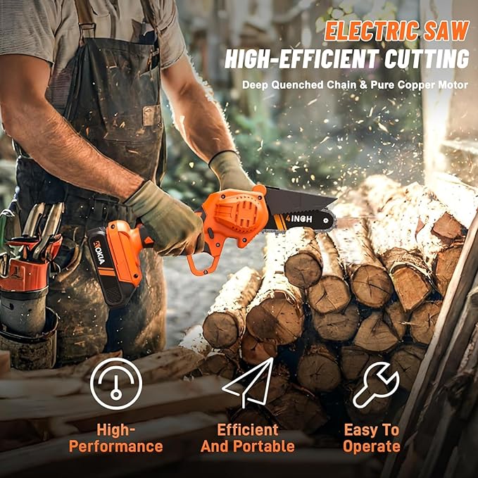 Cordless Mini Chainsaw 21V,4In Electric Chainsaw,Handheld & Portable Power Chain Saw for Tree Trimming Pruning Garden & Yard Work,Battery Chain Saw Gifts for Men Women Dad Orange