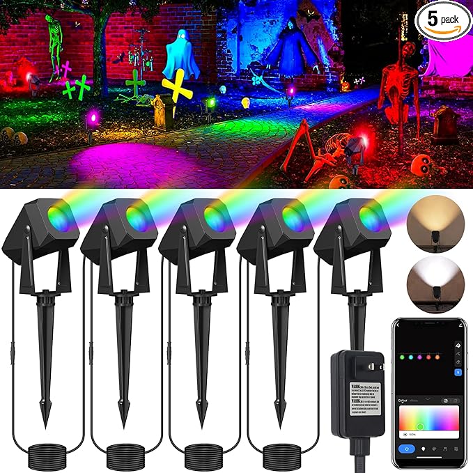 ropelux Low Voltage Landscape Lighting, RGBW Spot Lights Outdoor with App/Vioce Control, IP65 Waterproof, Color Changing, 51ft Led Outdoor Spotlight for Yard Garden Patio Halloween-5 Pack