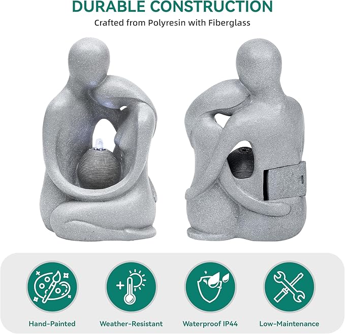 20.9in Hugging Couple Outdoor Water Fountain with LED Lights, Modern Couple Silhouette Garden Water Fountain for Patio, Yard,or Indoor Décor