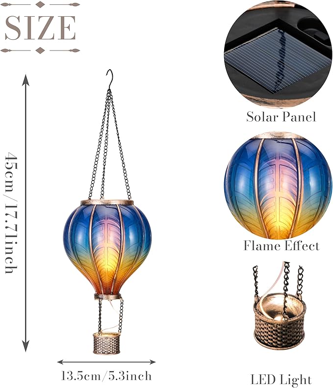 TERESA'S COLLECTIONS Hot Air Balloon Solar Lantern for Garden Decor ,Flickering Flame Hanging Solar Light for Outdoor ,Blue & Yellow Plastic Lamp for Yard Tree Gift for Mom