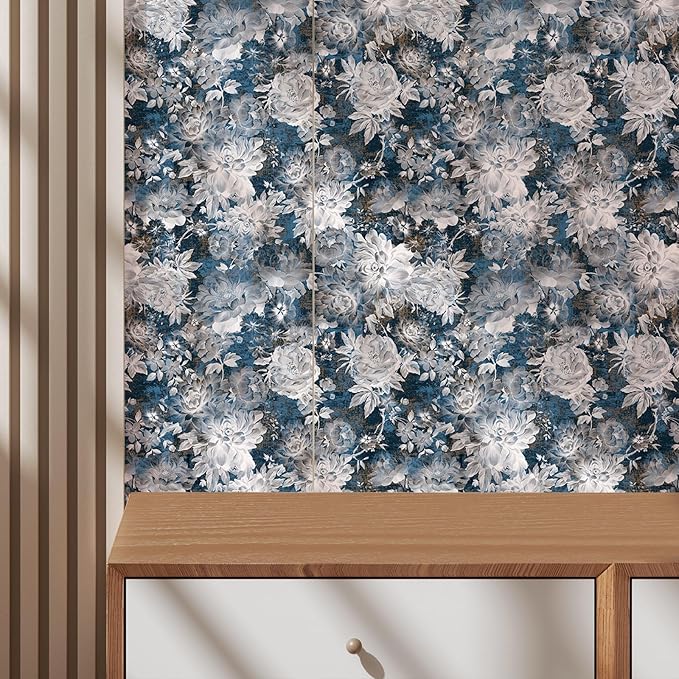 Vintage Garden Peel & Stick Floral Wallpaper - Removable White/Blue Vinyl Self Adhesive Mural - 17.7in x 9.84ft