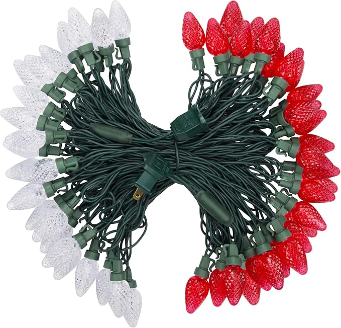 DEWENWILS C7 LED Christmas Lights Outdoor, 33.3ft 50LED Christmas String Lights, Outdoor Decorations for Christmas Tree, Patio, Garden, Yard, Green Wire, Red & White, UL Listed