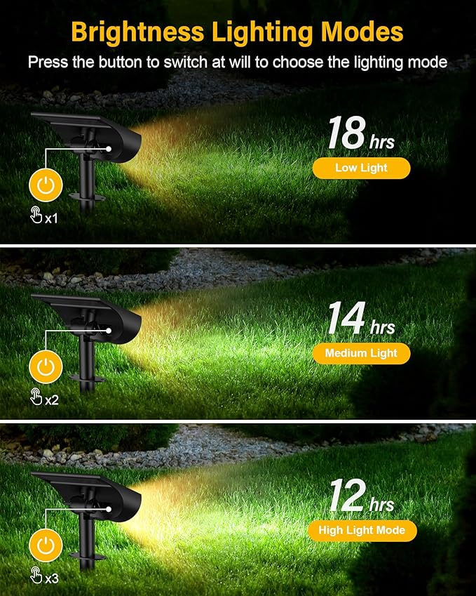 BAXIA TECHNOLOGY Solar Spotlights Outdoor Waterproof, 3 Lighting Modes Spot Lights, Dusk to Dawn Solar Powered Outdoor Lights for Yard Pathway Driveway Landscape, Warm White, 2 Pack