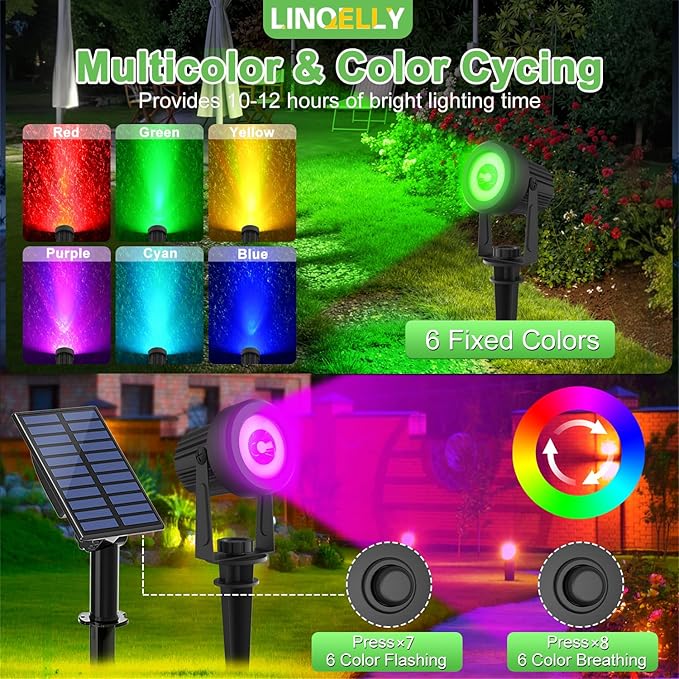 RGB Solar Spot Lights Outdoor 2Pack Color Changing Landscape Lighting IP65 Waterproof Auto Dusk to Dawn Spotlights Outside for Garden Yard Pathway