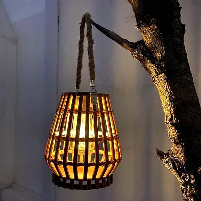 Solar Hanging Lantern Outdoor , Waterproof Natural Bamboo Lanterns with Handle Edison Bulb Design Solar Table Lamp Lights Decoration for Courtyard Patio Garden Farmhouse