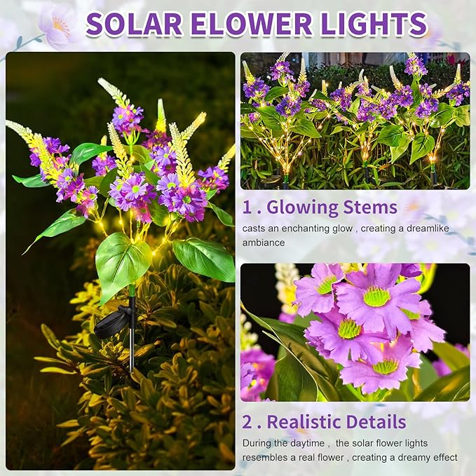 Neporal Solar Flowers Outdoor Waterproof Purple, Lilac Garden Solar Lights Decorative 4PK 8-Stem, 2 Lighting Modes, Solar Powered Garden Decor, Solar Yard Decor