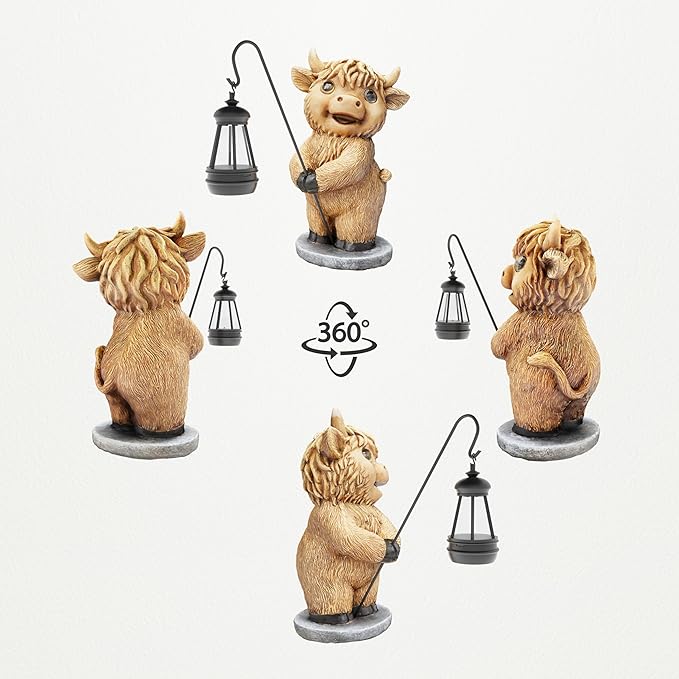 Highland Cow Statues with Solar Lights, Highland Cow Resin Figurine Lights, Highland Cow Ornaments for Patio, Balcony, Indoor Decoration and as Gifts