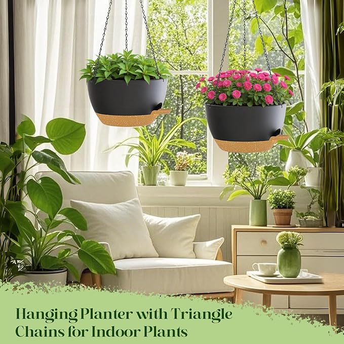10 Inch Hanging Planters with Chains 2 Pack Self Watering Black Brown Plastic Hanging Pots for Indoor Outdoor Plants, Garden Porch Home Decor (Black Brown)