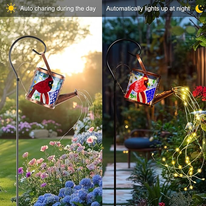 Larekook Solar Outdoor Watering Can Lights Decorative Path Lights, Metal Glass Solar Garden Light Outdoor Waterfall Decor Ornament for Yard Lighting Outside Flag