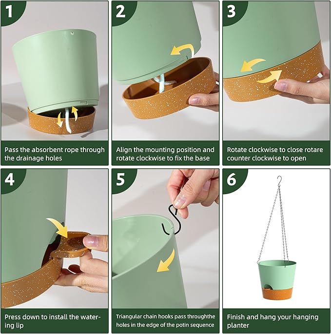 Hanging Planters for Indoor Outdoor Plants, 2 Pack Self Watering Hanging Pot with Drainage Holes and Plant Hangers, Hanging Baskets Flower Pots for Home Garden Decor (Green, 8 inch)