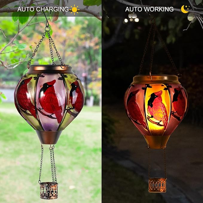 18inch Hot Air Balloon Solar Lantern with Flickering Flame Hanging Solar Outdoor Lantern Lights Waterproof Lanterns for Garden Patio Yard Party Decoration Cardinal