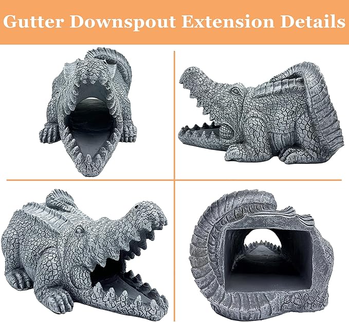 Realistic Crocodile Statue, Garden Rain Downspout Diverter, Splash Block & Gutter Extender, Decorative 3"x4" Gutter Extension, Outdoor Decor Sculpture, Unique Gutter Downspout Decoration