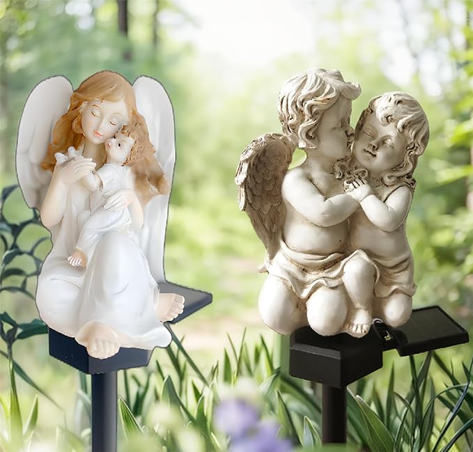 QH & Garden 2-Pack Angel Solar Garden Light - LED Waterproof Lights Mother's Day Gift,Solar Powered Garden Stake Lights for Balcony, Yard, Lawn, Pathway, Walkway-Angel Statues Grave Decorations