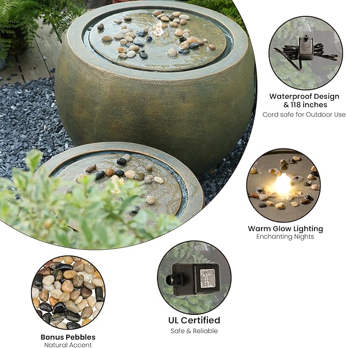 Garden Water Fountain Outdoor Bubbler Water Feature Indoor with Lights & Pump and Pebbles Waterfall Fountains Concrete Effect for Patio Deck Yard Home Decor Gold, 18 "L x 18" W x 11.5" H