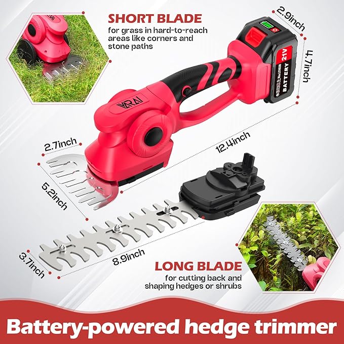 Cordless Hedge Trimmer, 2-in-1 Hedge Trimmer, Ultra Long Battery Life with Battery*2, high-Power and high-Capacity Grass Trimmer for Gardens, Yards and lawns, Including Charger