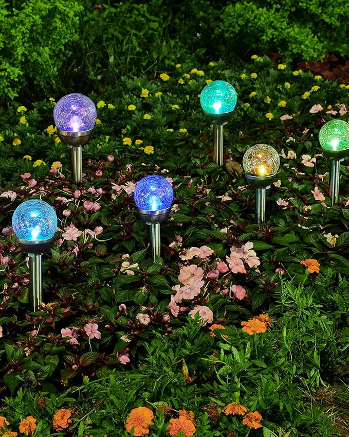 Solar Garden Lights Cracked Glass for Outdoor Waterproof Landscape Pathway Decorations 7 Colors Changing 6 Packs