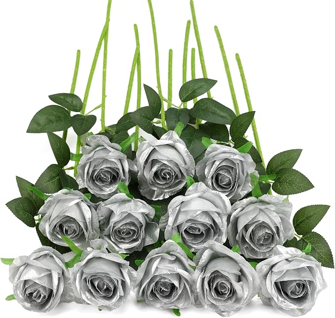 Silver Fake Roses Artificial Flowers - 10 Pcs Fake Artificial Roses Silk Flowers with Stems for Home Wedding Hotel Office Centerpiece Decor