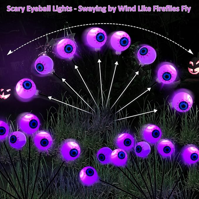 Halloween Decorations Outdoor Lights - 4 Pack 32LED Solar Halloween Scary Eyeball Pathway Lights Swaying by Wind, Waterproof Solar Halloween Stake Lights for Garden Porch Lawn Pathway (Purple)