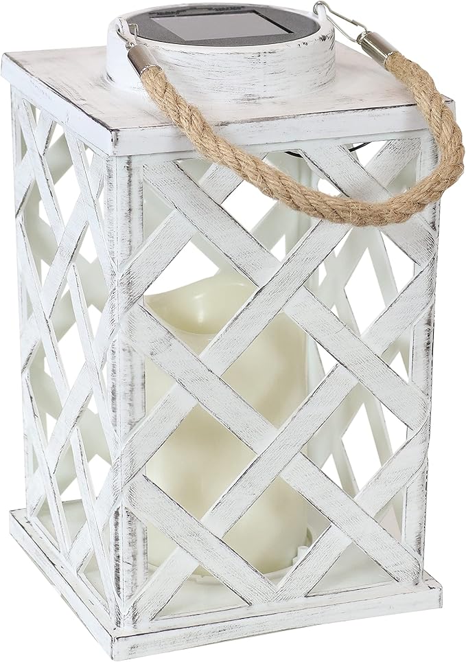 Sunnydaze Modern Crosshatch 9-Inch Solar LED Decorative Candle Lantern - Tabletop/Hanging Light - Set of 2 - White