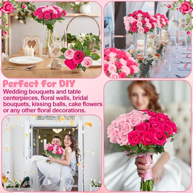36 Pcs Pink, Hot Pink Artificial Roses with Long Stems, Fake Silk Rose Artificial Flowers Bulk for Bridal Wedding Bouquet Centerpiece Ball Arrangement Party Decor