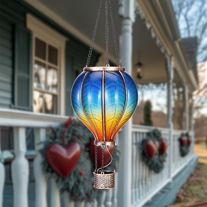 TERESA'S COLLECTIONS Hot Air Balloon Solar Lantern for Garden Decor ,Flickering Flame Hanging Solar Light for Outdoor ,Blue & Yellow Plastic Lamp for Yard Tree Gift for Mom
