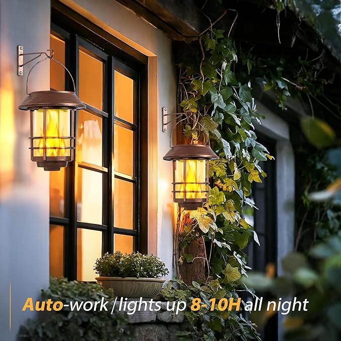 Otdair Solar Wall Lantern Outdoor, Flickering Flames Sconce Lights, Hanging Solar Lamps Wall Mount for Front Porch, Patio and Yard, 2 Pack, Bronze