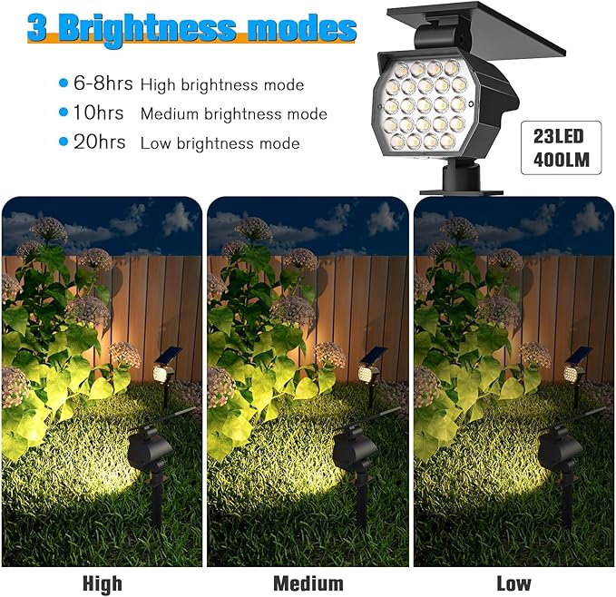 NIORSUN Solar Spot Lights Outdoor,23 LEDs Landscape Lighting with Auto On/Off and 3 Lighting Modes, IP67 Waterproof Spotlights,Outdoor Solar Lights for Yard Garden,12 Pack(Warm White)