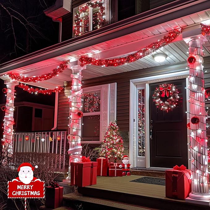 JMEXSUSS 2 Pack Red and White Christmas Lights, Each 100 LED 33ft Solar String Lights Outdoor Waterproof, 8 Modes Green Wire Solar Lights for Outside Tree Garden Patio Party Decoration