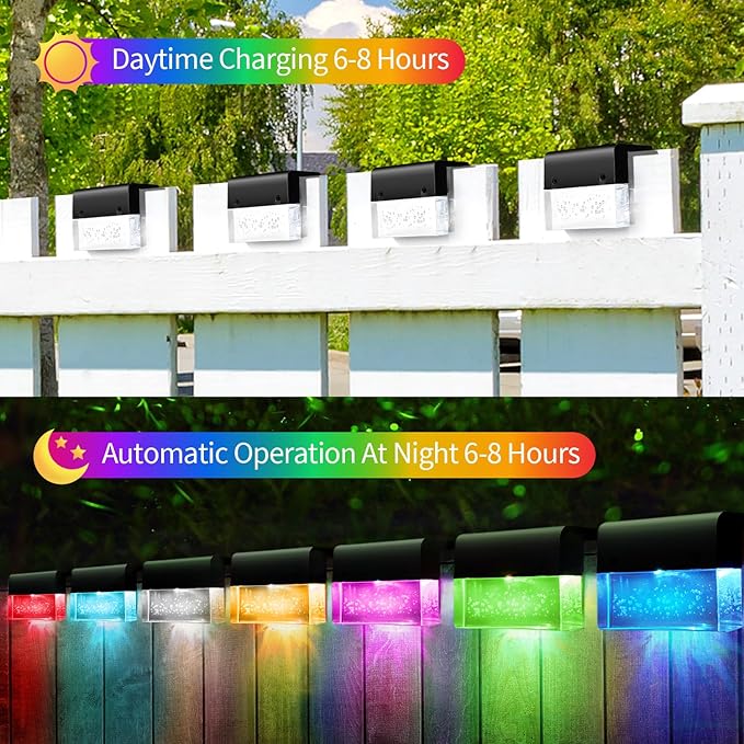 6 Pack Solar Fence Lights, 2 Lighting Modes Step Lights Outdoor, Acrylic Bubbles LED Super Bright Waterproof Solar Deck Light for Outside Stair Fence Step Pool Backyard Decor (Warm White/7 Color)