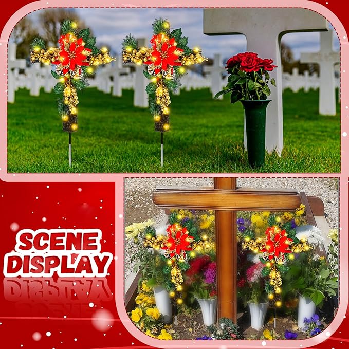 Ganeen 2 Pcs Solar Stake Christmas Outdoor Decorations Christmas Yard Stake Decor LED Lights Cemetery Grave Cross Poinsettia Decor for Holiday Garden Pathway Lights (Poinsettia)