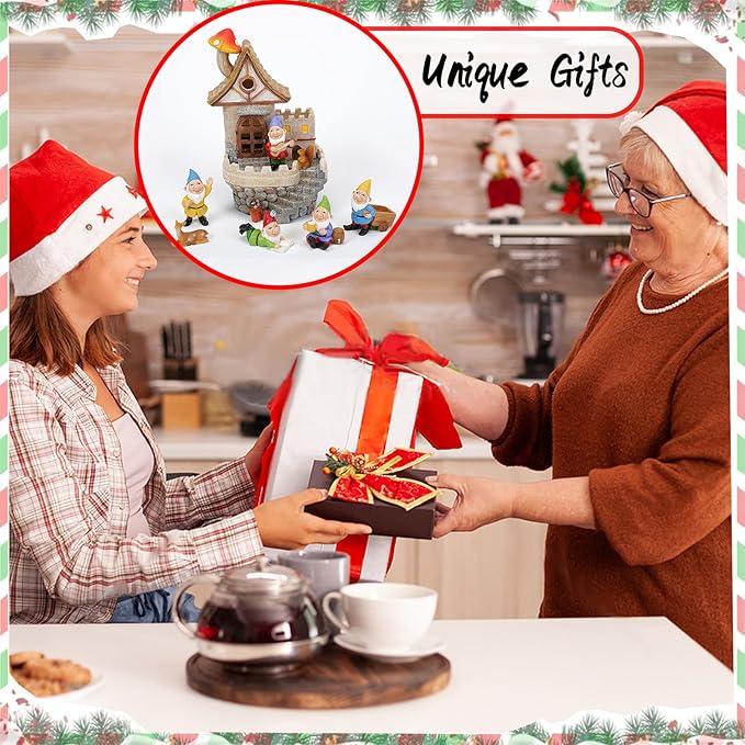 Fairy Tale Solar Castle Garden Decor Figurine Lights for Outside with Gnomes Set - Outdoor Statues Decorative Resin Sculpture with Solar Light, Decorations for Yard, Patio, Porch, or Lawn