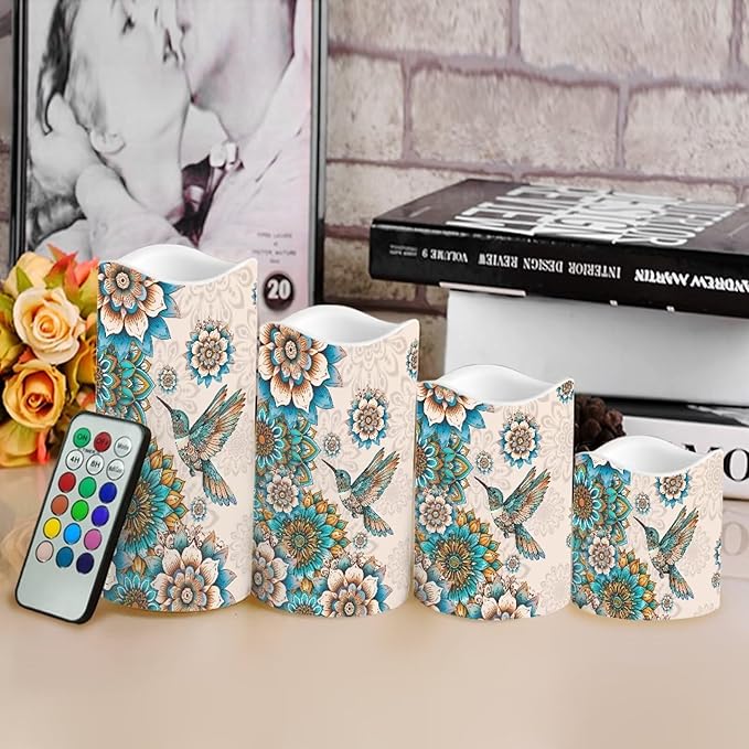 Ystardream Western Hummingbird Flameless Candles with Timer Led Candles Flickering 4 Candle Sets for Home Decor,18 Key Remote Control，Dancing Flames, True Wax, Battery Powered.