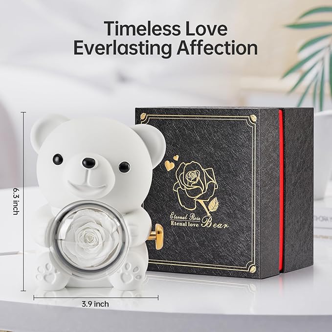 Cute Teddy Bear with Preserved Rose - A Real Rose Flower in Bear with Elegant Gift Box - Romantic Gift for Her in Mother's Day, Weddings, Anniversaries, and Bridal Showers (White)