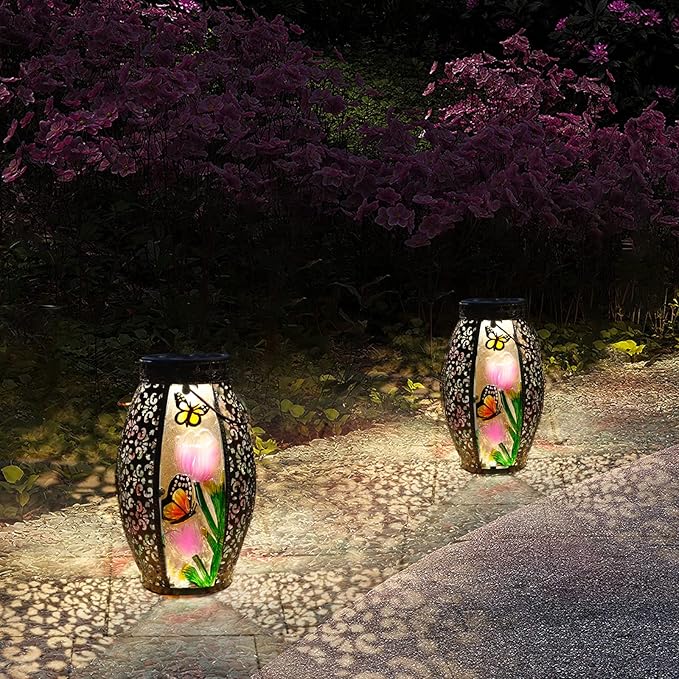 Outdoor Solar Lantern-Waterproof Butterfly Hanging Metal Decorative Lights for Patio Table Garden Pathway Yard with Super Bright Warm White LED, Large Solar Panels, Auto On/Off Light