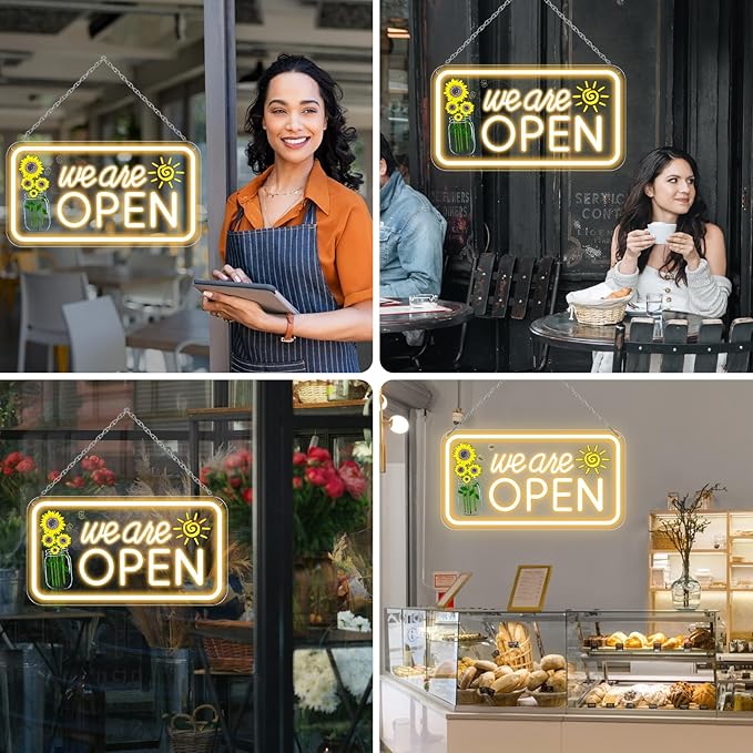 Neon We Are Open Signs for Business, 16.5x9'' Open Sign with Printed Flower and Sun, with ON/OFF Switch & Adapter, Warm White, Ideal for Window, Party, Wall, Bars, Coffee Shops, Salons, Clubs, Hotels
