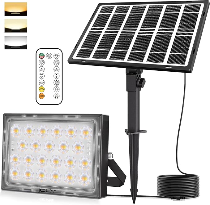CLY LED Solar Lights Outdoor IP66 Waterproof, Bright Solar Dusk to Dawn Light 5000mah, Adjustable Angle, Solar Powered Security Flood Light 5M Cable for Wall Porch Shed Barn 2700K 4000K 6000K