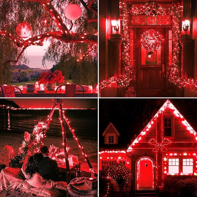 JMEXSUSS 2 Pack Solar Fairy Lights, 33FT 100 LED Red Outdoor Waterproof String Lights for Outside Tree Party Patio Christmas Valentine Day Decorations