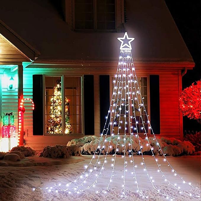 Christmas Decoration Lights, Outdoor Christmas String Lights 320 LED 11.5 Ft Waterfall Tree Lights with Big Star Topper 8 Light Modes for Christmas New Year Holiday Garden Yard Indoor Outdoor Decor