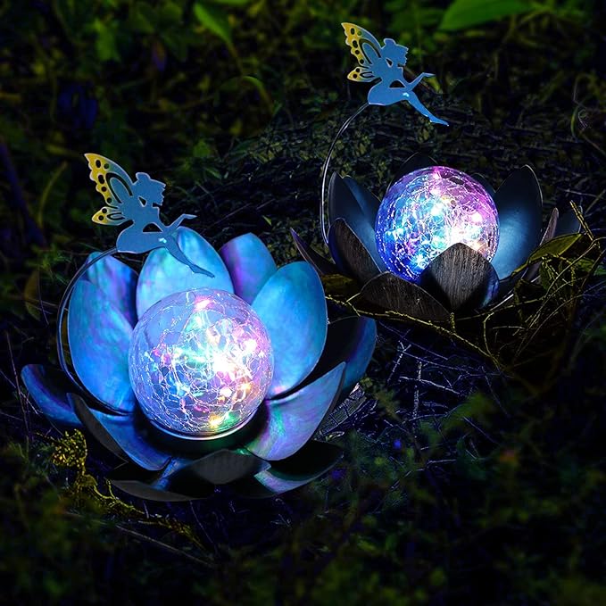 YJFWAL Garden Solar Lights Decorative, Crackle Globe Glass Lotus Flower with Fairy Decor, Metal Lotus Lamp for Garden,Patio,Lawn,Walkway,Tabletop(Multi-Color)