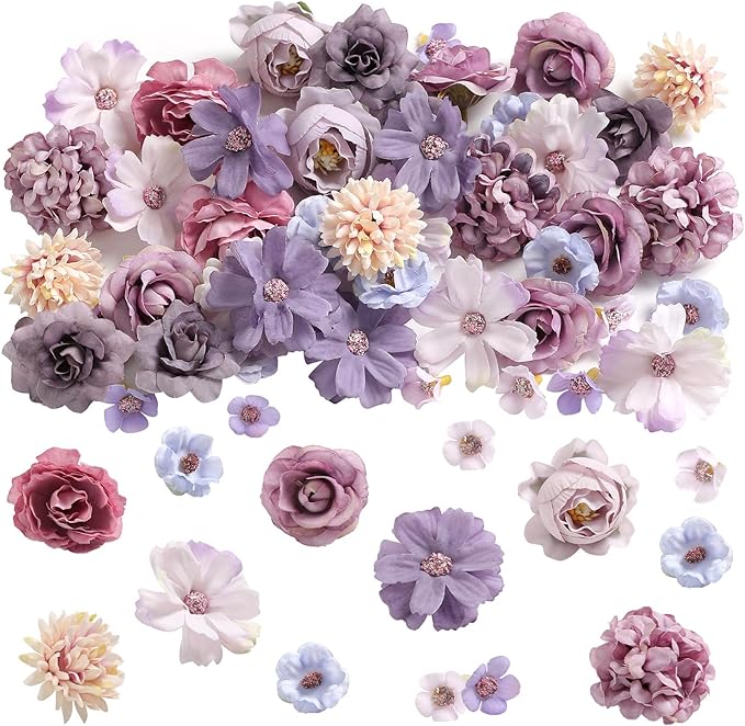 Faux Flower Heads Small Silk Artificial Flower DIY Fake Mini Flowers Rose Daisy Multicolor Flowers Craft Supplies for Wedding Party Wreath Graduation Season Party Home Decor (45, Purple)