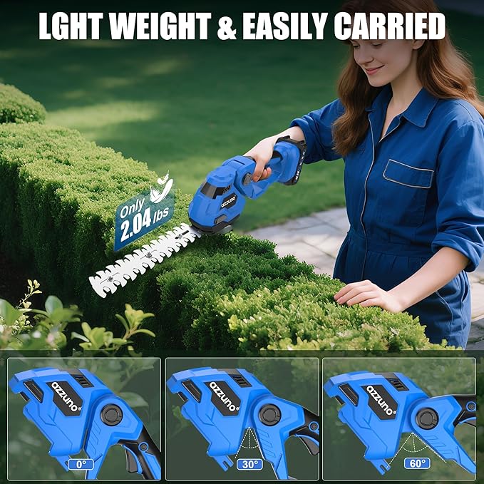 AZZUNO Cordless Hedge Trimmer, 2-in-1 Electric Grass Shears Shrubbery Trimmer with Battery，Handheld Grass Cutter Shrub Trimmer for Gardens, Yards, Lawns, Including Charger (1 Battery)