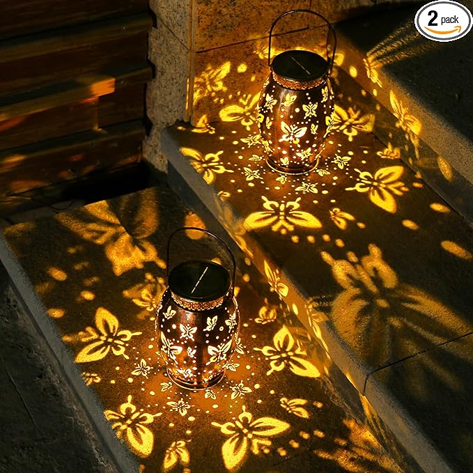 2 Pack Solar Lantern Butterfly Solar Outdoor Waterproof Hanging Metal Solar Powered Patio Lanterns Garden Solar Lights Outdoor Decorative Gifts for Women