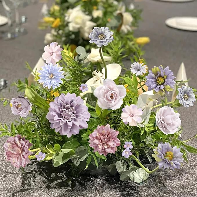YYHUAWU Artificial Flowers Heads Combo Purple Flowers Mix Silk Flowers Dahlia Roses for DIY Wedding Bridal Bouquets, Baby Shower, Floral Arrangement, Table Centerpieces, Home Decorations.
